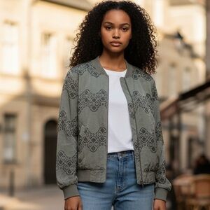 Blue Rain Jacquard Bomber Jacket – Olive Green Textured Zip Jacket – Size M